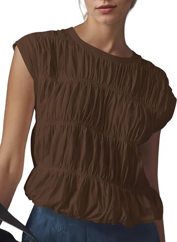 Missactiver Women's Cute Tiered Shirred Bubble Top Solid Discal Crew Cap Cap Sleeve Top Babydoll Tee Shirt Plouse Tops in Kuwait