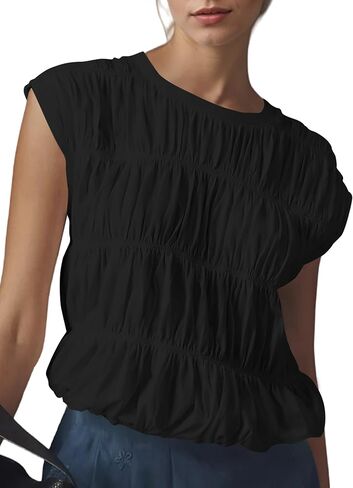 Missactiver Women's Cute Tiered Shirred Bubble Top Solid Discal Crew Cap Cap Sleeve Top Babydoll Tee Shirt Plouse Tops in Saudi Arabia