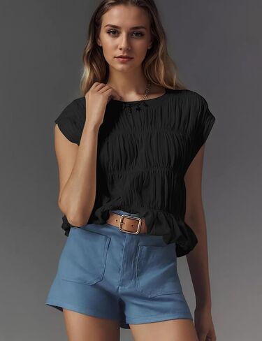 Missactiver Women's Cute Tiered Shirred Bubble Top Solid Discal Crew Cap Cap Sleeve Top Babydoll Tee Shirt Plouse Tops in Saudi Arabia