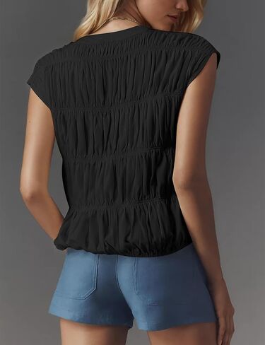 Missactiver Women's Cute Tiered Shirred Bubble Top Solid Discal Crew Cap Cap Sleeve Top Babydoll Tee Shirt Plouse Tops in Saudi Arabia