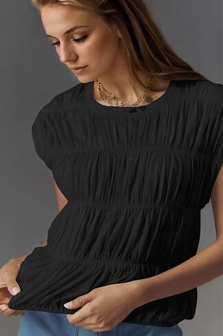 Missactiver Women's Cute Tiered Shirred Bubble Top Solid Discal Crew Cap Cap Sleeve Top Babydoll Tee Shirt Plouse Tops in Saudi Arabia