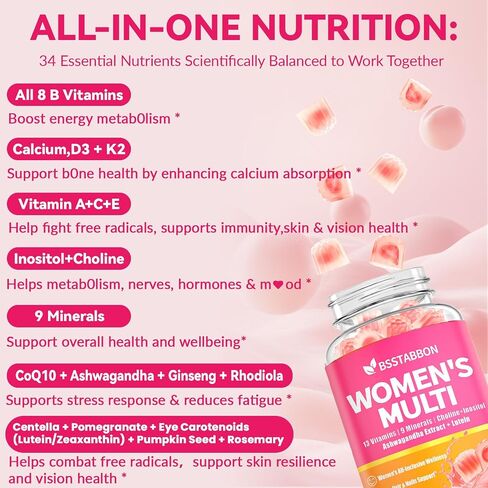 Organic Women's Multivitamin Gummies: Vegan Vitamin Supplement with Iron B12 D3 Biotin Magnesium Plus Ashwagandha for Hair Skin Health Boost Energy - Sugar Free Methylated Gummy(120Count) in Saudi Arabia