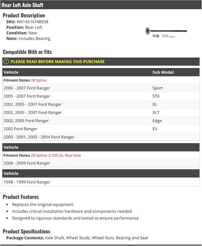 العمود المحور الجانبي لركوب السائق الأيسر الخلفي - متوافق مع 1998-2009 فورد رينجر in Saudi Arabia