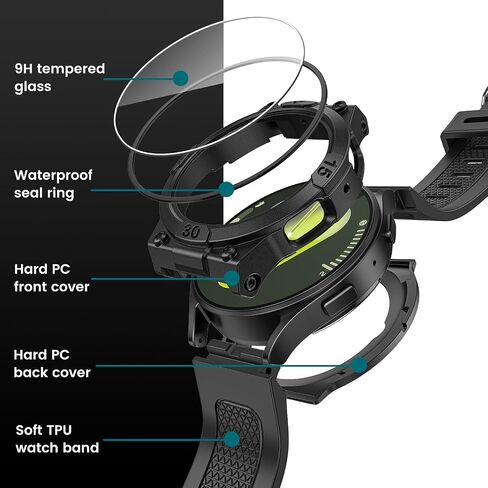 Goton 3 in 1 Waterproof Case and Band for Samsung Galaxy Watch FE(2024) 5 4 40mm, 360° Protective Hard PC with Tempered Glass Screen Protector for Galaxy Watch Cover Bumper Accessories, Matte Black in Kuwait
