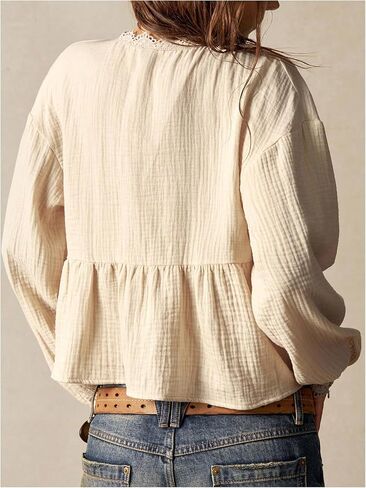 Floerns Women's Western Hollow Out Blouse Deep V Neck Button Up Long Sleeve Shirts in Kuwait