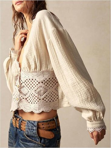 Floerns Women's Western Hollow Out Blouse Deep V Neck Button Up Long Sleeve Shirts in Kuwait