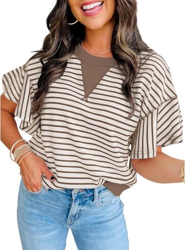 Women's Summer Striped Ruffle Short Sleeve Tops Contrast Colorblock 2025 Round Neck Loose Fit Cute Casual Top Blouse in Kuwait