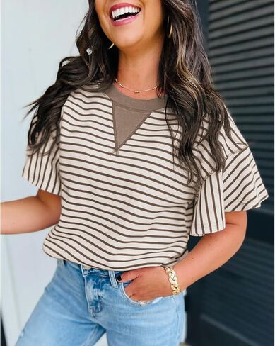 Women's Summer Striped Ruffle Short Sleeve Tops Contrast Colorblock 2025 Round Neck Loose Fit Cute Casual Top Blouse in Kuwait