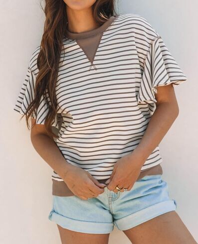 Women's Summer Striped Ruffle Short Sleeve Tops Contrast Colorblock 2025 Round Neck Loose Fit Cute Casual Top Blouse in Kuwait