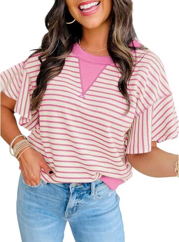Women's Summer Striped Ruffle Short Sleeve Tops Contrast Colorblock 2025 Round Neck Loose Fit Cute Casual Top Blouse in Kuwait
