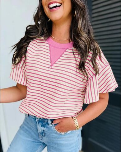 Women's Summer Striped Ruffle Short Sleeve Tops Contrast Colorblock 2025 Round Neck Loose Fit Cute Casual Top Blouse in Kuwait