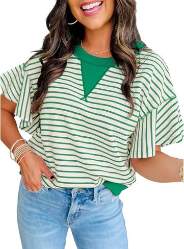 Women's Summer Striped Ruffle Short Sleeve Tops Contrast Colorblock 2025 Round Neck Loose Fit Cute Casual Top Blouse in Kuwait