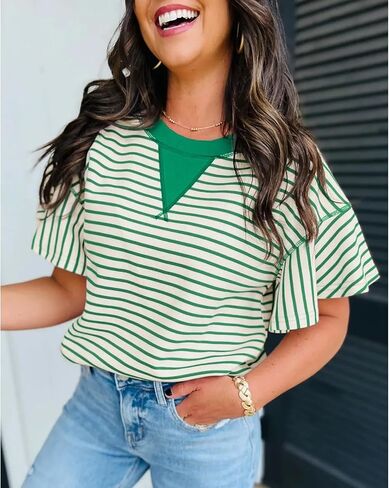 Women's Summer Striped Ruffle Short Sleeve Tops Contrast Colorblock 2025 Round Neck Loose Fit Cute Casual Top Blouse in Kuwait