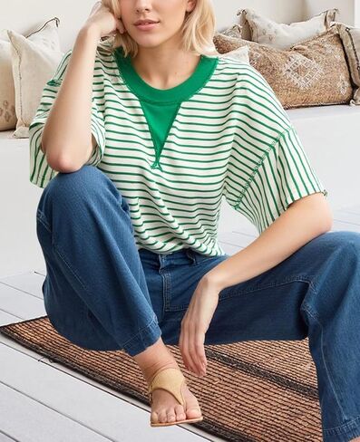 Women's Summer Striped Ruffle Short Sleeve Tops Contrast Colorblock 2025 Round Neck Loose Fit Cute Casual Top Blouse in Kuwait