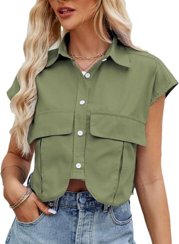 Womens Summer Cropped Short Cap Sleeve Shirts Solid Lapel Collar Button Down Crop Tops Blouse with Chest Pockets in Kuwait