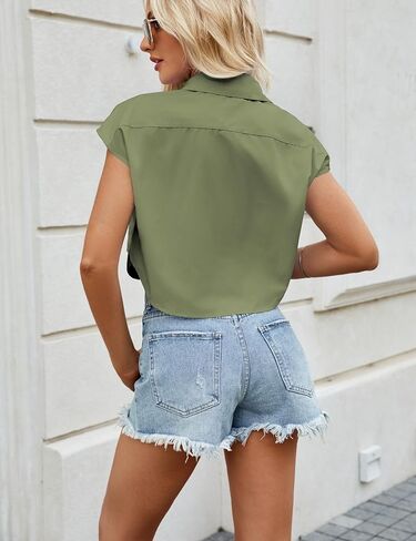 Womens Summer Cropped Short Cap Sleeve Shirts Solid Lapel Collar Button Down Crop Tops Blouse with Chest Pockets in Kuwait
