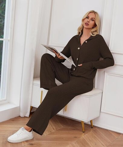 Cakulo المرأة 2024 صالة مجموعات 2 قطعة وتتسابق الخريف زر سترة مطابقة مجموعة واسعة الساق المتسكعون Sweatsuits in Kuwait