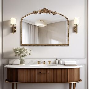 Baroque Arched Mirror for Living Room Wall, 36" X 30" Antique Gold Ornate Beaded Frame Decorative Accent Vanity Mirrors for Washing Room, Bathroom, Bedroom Wall Mounted