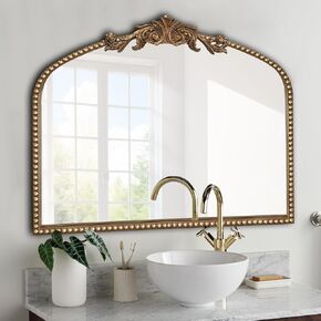Baroque Arched Mirror for Living Room Wall, 36" X 30" Antique Gold Ornate Beaded Frame Decorative Accent Vanity Mirrors for Washing Room, Bathroom, Bedroom Wall Mounted in Kuwait