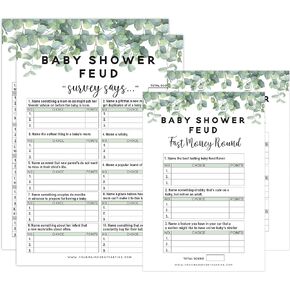 Baby Shower Family Feud Game Fun Eucalyptus Decorations 50 Family Feud Cards 3 Fast Money Round Cards 1 Instruction Card