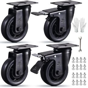 4 Inch Heavy Duty Caster Wheels Set of 4 Black Swivel Casters 2200Lbs Load Capacity Silent Elastic Rubber Wheels Industrial Plate Castors with Brake for Cart Furniture Workbench All 4 with Brakes