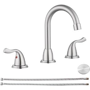 RKF Bathroom Faucets for Sink 3 Hole Brushed Gold 8 inch Widespread Bathroom Sink Faucet with Drain Double Lever Handle Faucet Bathroom Vanity Faucet Basin Mixer Tap Faucet with Hose&Deck RKF03011