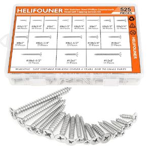 525 Pieces #4#6#8#10#12 Wood Screws Set, HELIFOUNER 16 Sizes Phillips Countersunk Head Self-Tapping Screws Assortment Kit, Phillips Flat Head Wood Screws, 304 Stainless Steel