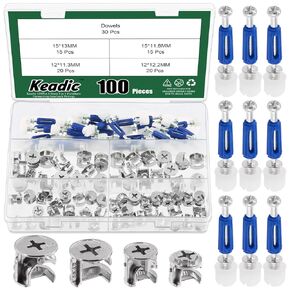 Keadic 100Pcs 4 Sizes Furniture Connector Cam Lock Fittings with Dowels Assortment Set, 3 in 1 Eccentric Bolt Wheels Connecting Hardware Cam Lock Fasteners for Wardrobe Cabinet Drawer Dresser