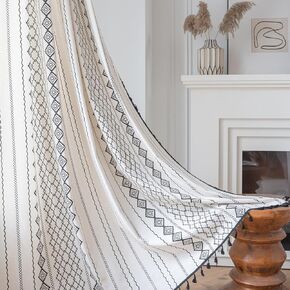 ColorBird Boho Linen Curtains for Living Room,Sage Green 84 Inch Length 2 Panels Set Bedroom Curtains,Farmhouse Window Privacy Curtain, Geometric Light Filtering Drapes for Dinging Room