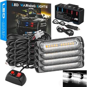4 Pods LED Emergency Strobe Lights Kit, 12LEDs Safety Warning Hazard Flashing Lights w/Control Box and Cigarette Lighter for Off-road Truck SUV ATV Car Vehicle Surface Mount (Amber)