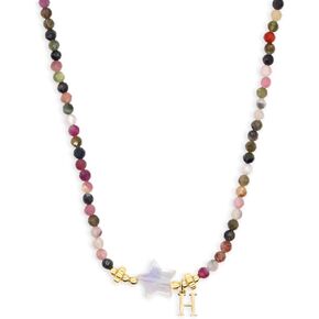 Gemstone Beaded Initial Star Choker Necklaces for Women Teen Girls, Boho Handmade Gold Natural Stone Beads Letter Name Necklace Surfer Beach Bohemian Jewelry Gift