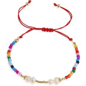 Bohemia Gold Seed Beads Pearl Bracelets for Women Girls, Dainty Handmade Adjustable Boho Colorful Friendship Strand Bracelet Summer Beach Jewelry Gift