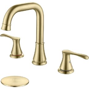 Bathroom Faucet for Sink 3 Hole with Pop Up Drain and cUPC Faucets Supply Hose, 2 Handle 8 inch Brass Widespread Bathroom Sink Faucet, Brushed Gold Basin Faucet Taps Mixer