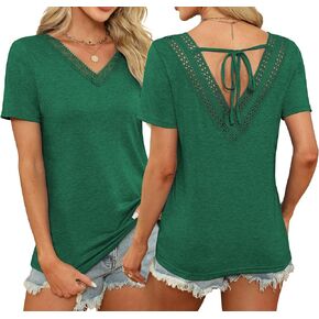 Womens Summer Tops Guipure Lace V Nect T Shirts Short Sleeve Blouses Dressy Casual Tie Back Tee