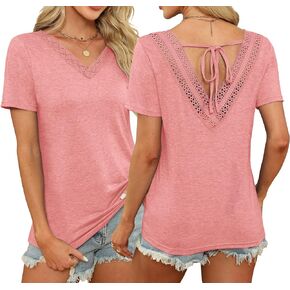 Womens Summer Tops Guipure Lace V Nect T Shirts Short Sleeve Blouses Dressy Casual Tie Back Tee