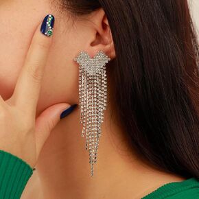 Black Rhinestones Heart Stud Long Tassels Earrings for Women Girls Sparkle Chandelier Punk Jewelry