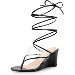 Allegra K Women's Lace Up Clear Strap Flip Flops Wedge Sandals
