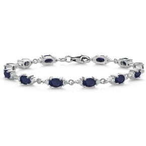Gem Stone King 925 Sterling Silver Blue Sapphire and White Moissanite Tennis Bracelet For Women (7.57 Cttw, Gemstone Birthstone, Oval 6X4MM, 7.5 Inch)
