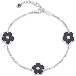 Lavari Jewelers Black Onyx or Mother of Pearl and Cubic Zirconia Triple Flower Bracelet for Women in 925 Sterling Silver with Rose Gold or Rhodium Plating Adjustable Lobster Claw