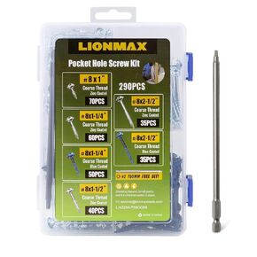 مجموعة متنوعة من براغي ثقب الجيب من LIONMAX، 290 قطعة، طقم براغي ثقب الجيب 6 مقاسات، خيط خشن، رأس غسالة، التنصت الذاتي للخشب الناعم، تتضمن لقمة محرك مربعة 150 مم