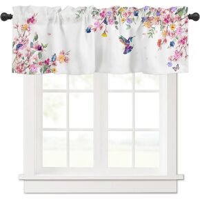 Spring Flower Curtain Valances for Windows, Hummingbird Cherry Watercolor Style Rod Pocket Valance Window Treatments Short Curtains for Kitchen Bathroom Living Room 42 x 12 Inches, 1 Panel