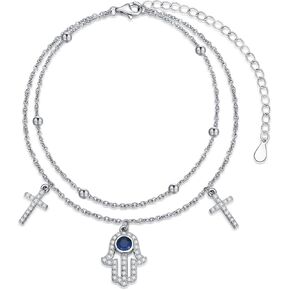 سوار همسة من الفضة الاسترليني عيار 925 للنساء - أساور همسة متقاطعة أنيقة مع سوار همسة من الزركونيا المكعب ذو طبقات يدوية in Kuwait