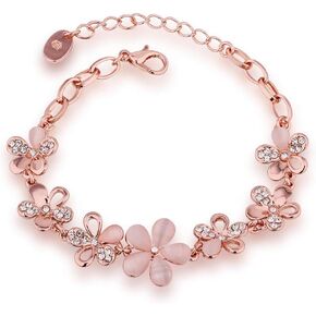 18K Rose Gold Plated Women Adjustable Flower Link Bracelet Bangle Jewelry,Women Gifts for Her