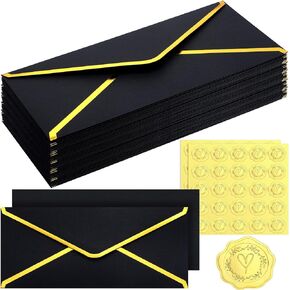 Outus 100 Pack #10 Business Envelopes with Gold Border 100 Pcs Gold Stickers Self Adhesive Mailing Envelopes Letter Size for Office Checks Invoices, 4 1/8 x 9 1/2 Inch (Black)