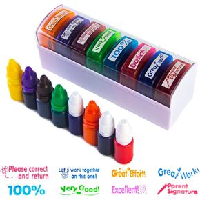 8PCS Self Inking Teacher Stamps Set in 8 Colors with Different Rewarding Comments, Teacher Stamps with Tray, Teacher Supplies for Homework Grading School Classroom Supplies