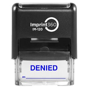 AS-IMP1118R - Denied Stamp with by: Line, Red Ink, Heavy Duty Commerical Self-Inking Rubber Stamp, 9/16" x 1-1/2" Impression