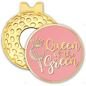 Queen of The Green Pink Gold Golf Ball Marker with Hat Clip, Funny Golf Accessories for Women, Christmas Mother's Day Birthday Gifts for Golf Fan Golfer, Novelty Golf Gifts for Her