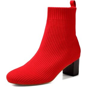 GATUXUS Women's Glove Chunky Mid Heel Ankle Boots Pointed Toe Knit Sock Style Booties Casual Warm Shoes