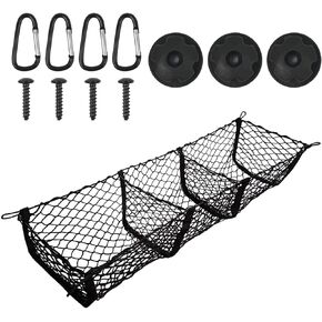 3 Pocket Cargo Net Trunk Bed Organizer, Black Mesh Storage Net with 4 Metal Hooks, Heavy Duty Cargo Net for SUV, Cars, Pickup Truck Bed, 43.3×11.8 inch