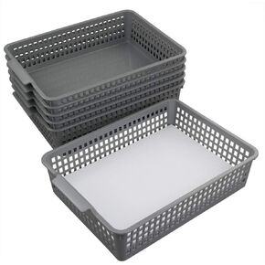 6 Packs Plastic Storage Basket for Files, Letter, A4 Paper, Grey Office Kitchen Organizer Basket Tray